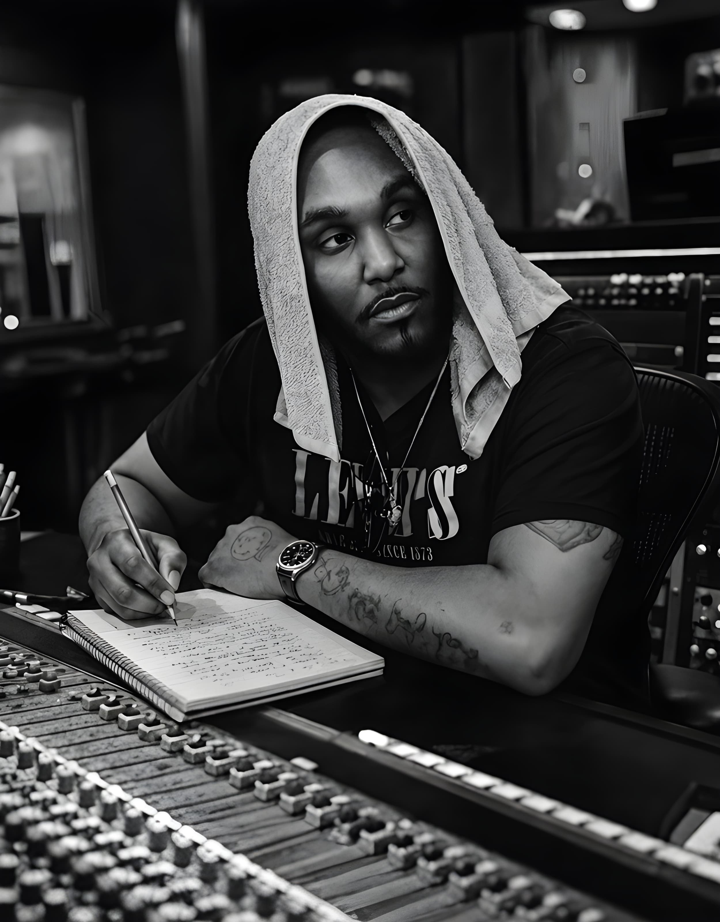 Man with a towel on his head writing in a notebook at a mixing console.