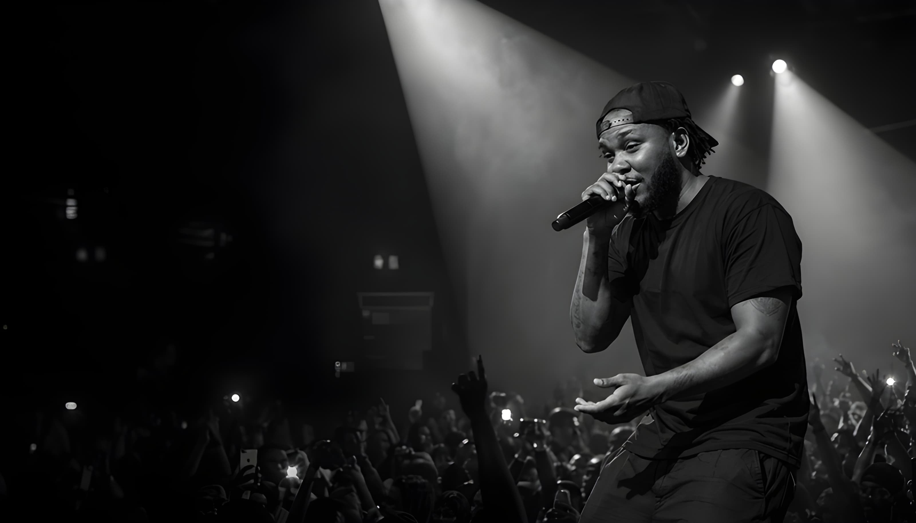 Kendrick Lamar rapping into a microphone under a bright spotlight in black and white.