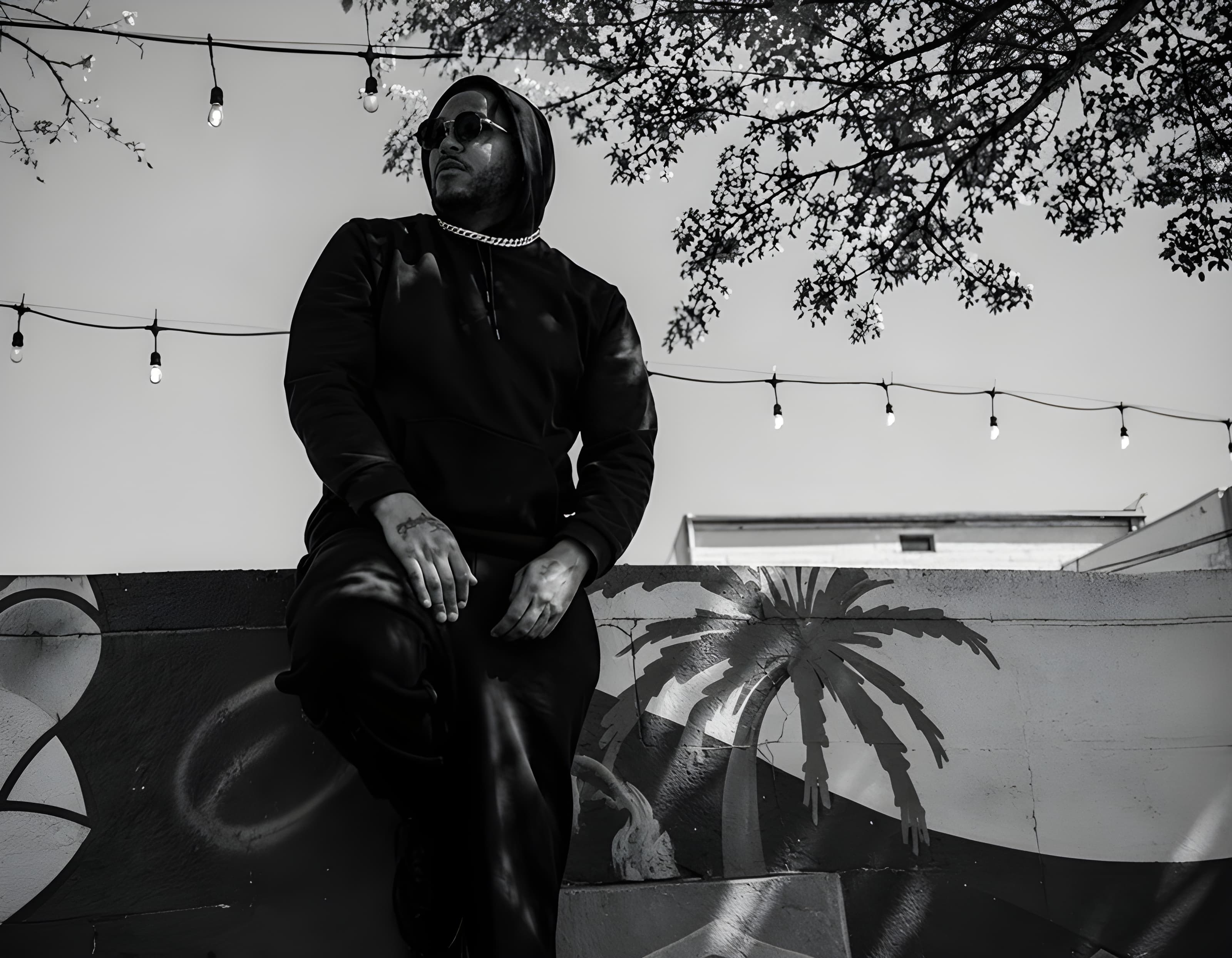 Man in a hoodie and sunglasses leans against a wall mural under string lights.